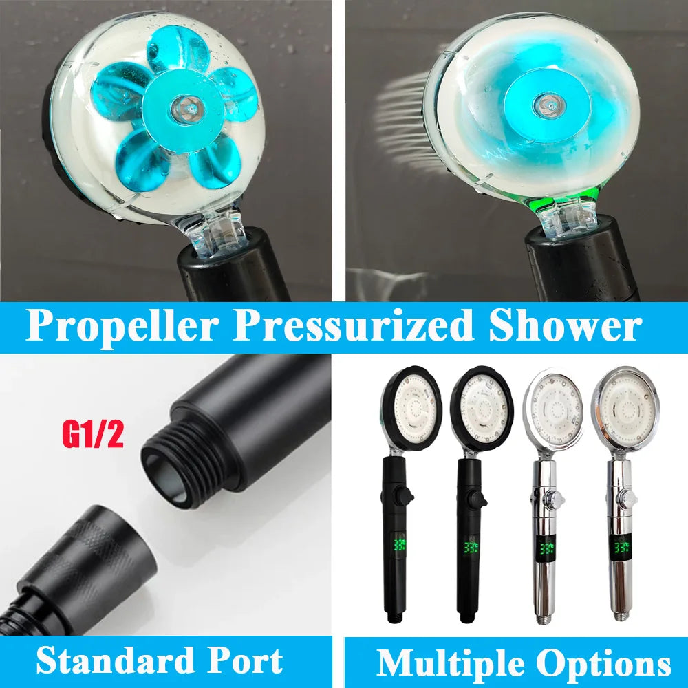 Digital Temperature Display High Pressure Shower Head 3/7 Colors Changes Temperature Sensor LED Fan Showerhead With Stop Button